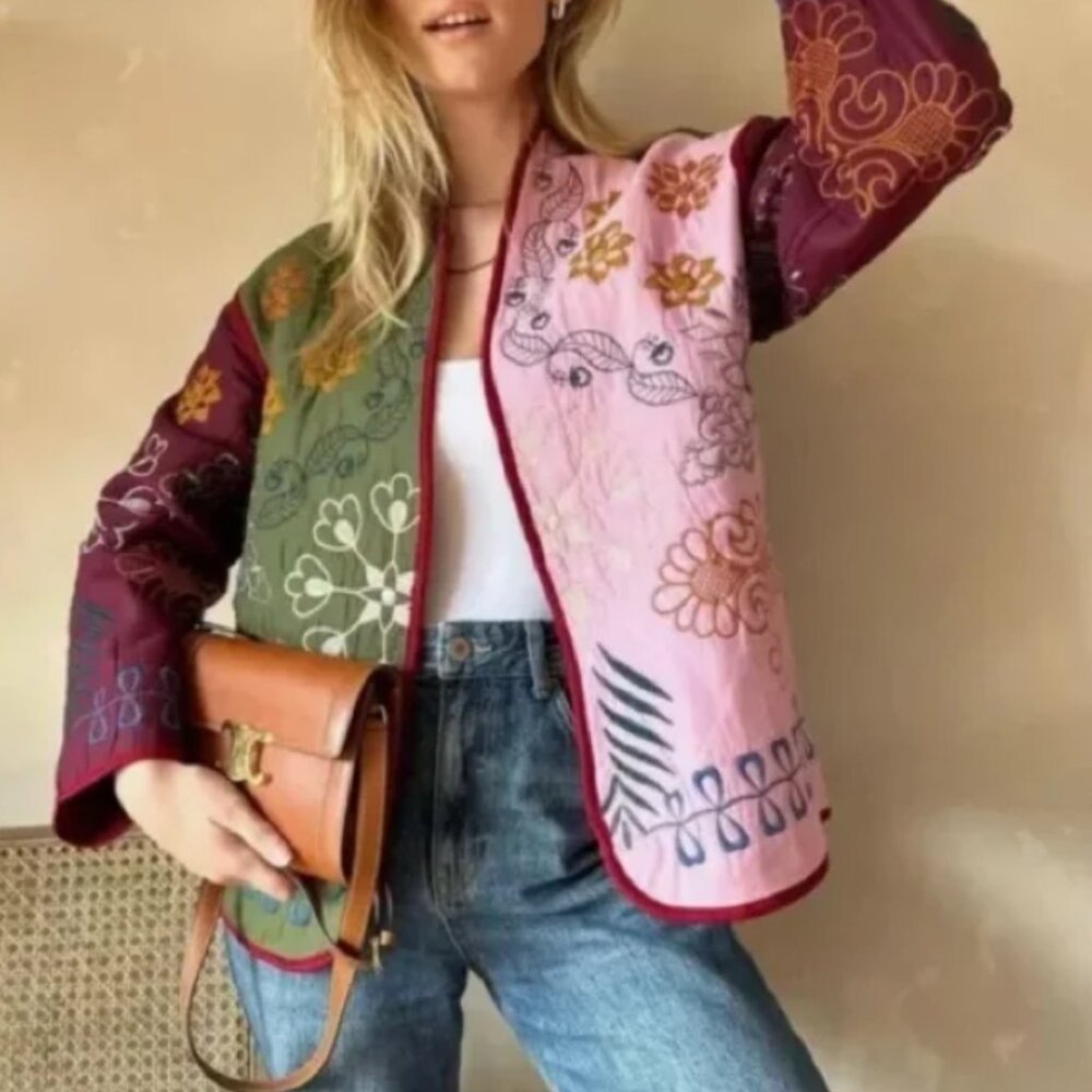 Zara Green and Red Embroidered Quilted Patchwork Boho Jacket